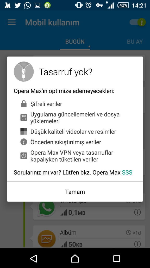 Opera Max uygulamasından bir ekran görüntüsü